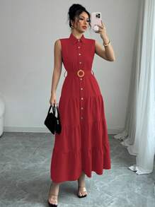 Women's Single-Breasted Sleeveless Shirt Dress With Ruffled Hem In Solid Color - Red - View 6