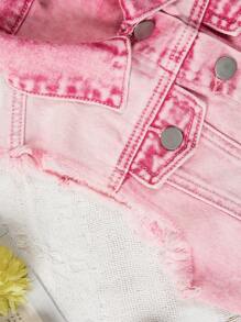 Conjunto de chaqueta vaquera y chaleco para niñas (talla pequeña), chaqueta vaquera rosa corta y estilosa estilo desgastado y deshilachado, chaleco sin mangas con look casual y chic para vacaciones