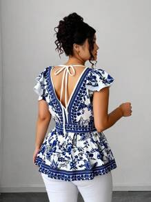 Elenzga Plus Size Women's V-Neck Ruffle Sleeve, Tie Waist A-Line Shirt Dress - Sexy Deep V Back Design, Suitable For Vacation, Outing, Casual Gathering, Shopping And Other Occasions