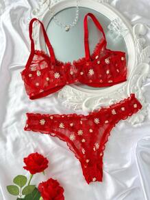 SHEIN Esselle 2 件套加大码浪漫刺绣钢圈性感内衣套装，提拉 - 紅色 - 查看 2