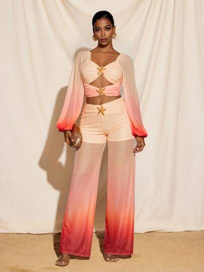 BY FELIZIA Áo hở vai gợi cảm trang trí hình sao biển ombre cho nữ, áo dự tiệc dễ thương gợi cảm