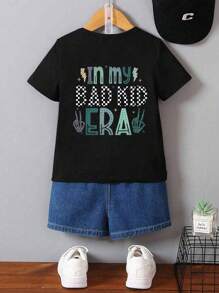 SHEIN Playful Pals 男婴休闲可爱趣味调皮“我的坏孩子时代”骷髅印花短袖圆领T恤，夏季 - 黑色 - 查看 2