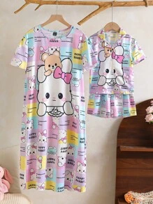 年轻女孩可爱兔子格纹阻燃面料开衫短袖短裤休闲家居服套装，流行服装 - 彩色 - 查看 1