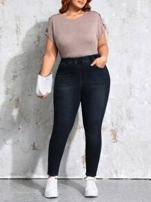 SHEIN CURVE+ Quần Jeans Co Giãn Đa Năng Thường Ngày Old Money Plus Size - Màu xanh lam - Xem 3