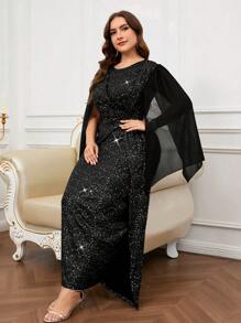 Reflora Váy tay lỡ viền bạc thanh lịch cỡ lớn, mặc dự tiệc - màu đen - Xem 5