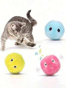 1pc/3pcs Squeak Ball Interactive Cat Plush Toy Ball - Cat Squeak Sound Training Toy - Fun Pet Toy Ball For Playing And Exercise, Cat Plush Ball, Cat Toy Ball, Interactive Indoor Cat Toy, Training Cat Toy - Multicolor - View 3