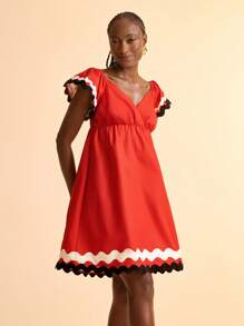 CAJUNI Summer Holiday Casual Beach V-Neck Ruffle Sleeve Wavy Hem Long Dress, Red - Multicolor - View 1