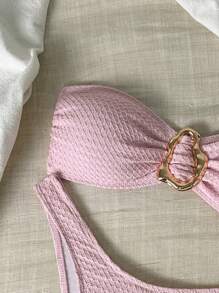SHEIN Bikini da spiaggia a 2 pezzi, con top a fascia e slip da bagno in maglia jacquard, senza ferretto, con dettagli metallici, da donna
