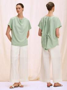 Chiquease Blouse ample décontractée pour femme, en tissu avec plis au dos, lien à la taille, col large et manches chauve-souris - Vert - Voir 1