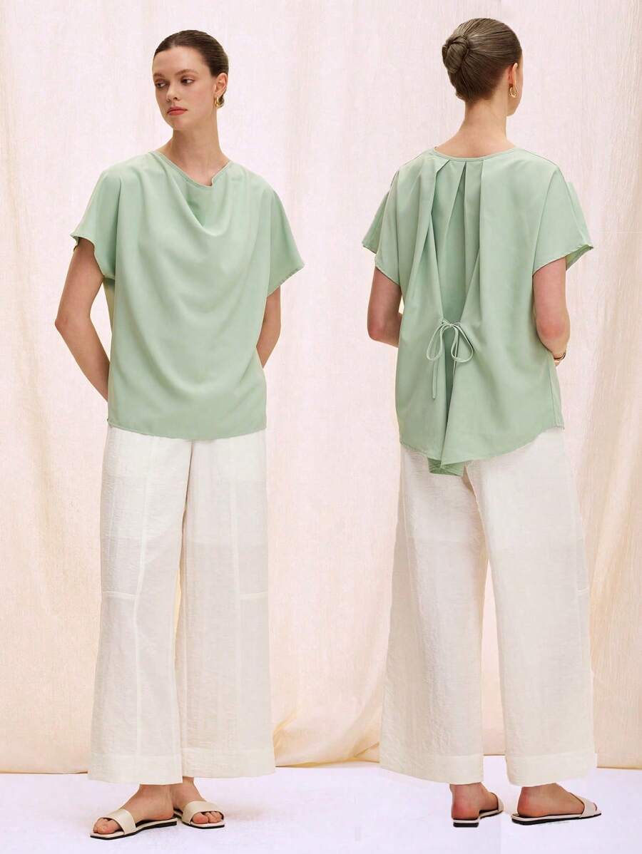 Chiquease Blouse ample décontractée pour femme, en tissu avec plis au dos, lien à la taille, col large et manches chauve-souris - Vert - Voir 1
