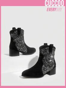 Styleloop 女鞋時尚圓頭鉚釘裝飾多功能西式黑色靴子 - 黑色 - 查看 5