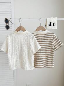 2pcs Young Boy Adorable Casual Summer Striped Short Sleeve Polo Shirt Set, Suitable For Birthday Party, Gala, Performance, Wedding, Christening And School/Vacation Boys Knit Shirt Boys Preppy Tops Boys Textured Short Sleeve Sweater Collar Shirts Kids Vintage Boy Clothes