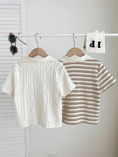 SHEIN 2 件套年轻男孩可爱休闲夏季条纹短袖 Polo 衫套装，适合生日派对、庆典、表演、婚礼、洗礼和学校/度假