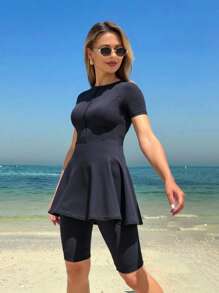 Swim Mulvari Bộ đồ bơi một mảnh tay ngắn khóa kéo màu đen cho kỳ nghỉ hè dành cho nữ kèm quần short Burkini mặc đi biển - màu đen - Xem 6