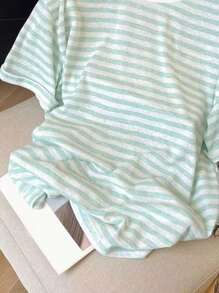 SHEIN 女士绿白条纹休闲日常 T 恤 - 彩色 - 查看 3