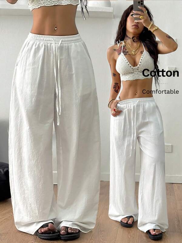 Coolane Calça feminina estilo country para verão, saídas de praia, estilo boho, básica, minimalista, lavada, 100% algodão, branca, com bainha curva