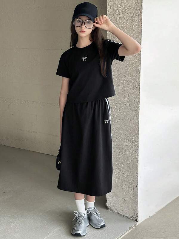 Hapijoa 2pcs/Set Teen Girl Summer Casual Contrast Striped Bow Embroidery T-Shirt And Mini Skirt,Back To School Clothes