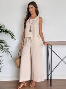 EMERY ROSE Women Solid Color Round Neck Short Sleeve Top And Flower Print Wide Leg Pants Set For Summer Two Pieces Outfits - Khaki - View 6