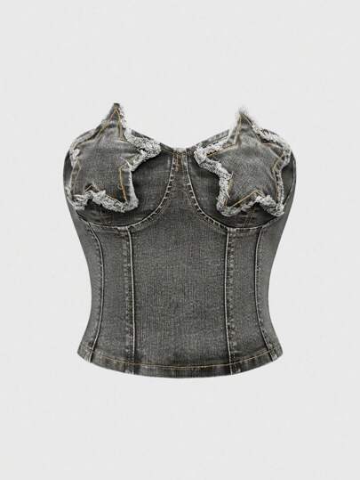 Grunge Punk Plus Size Women Y2K Star Applique Denim Crop Top