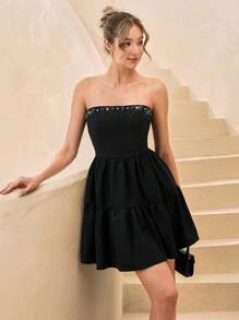 CLARA VERO Vestido con hombros descubiertos, silueta línea A, con aplicaciones de strass, romántico, elegante y chic