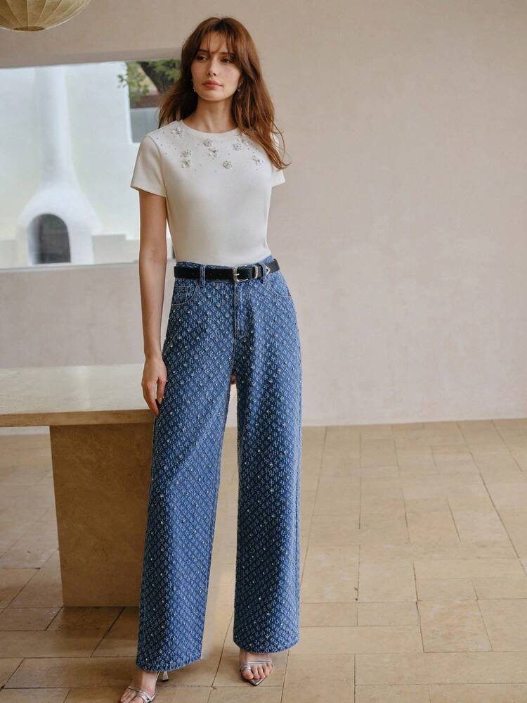 RHINESTONE DETAIL SLANT POCKET JEANS