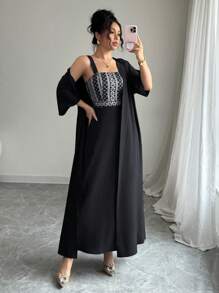 Rafferiza 2 件套女士复古印花吊带背心连衣裙（配腰部束腰夹克）套装 - 黑色 - 查看 5