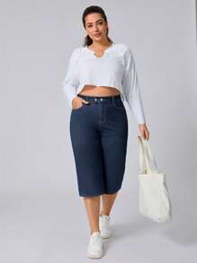 SHEIN CURVE+ Jeans ajustados elásticos azules de verano para mujer de talla grande "Old Money" - Azul lavado oscuro - Ver 4