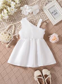 1 件装女童腰部褶皱 3D 花卉装饰派对无袖吊带背心连衣裙