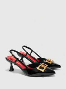 CUCCOO BIZCHIC 女式尖头小猫跟黑色后带舒适百搭通勤女士高跟穆勒鞋