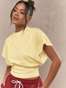 MISSGUIDED 女士经典落肩蝙蝠袖短款 T 恤休闲短袖夏季春节休闲 T 恤罗纹下摆衬衫 - 黃色 - 查看 3