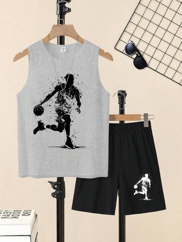 SHEIN 2pcs Tween Boys Casual Minimalist Round Neck Tank Top And Shorts Set, Suitable For Summer