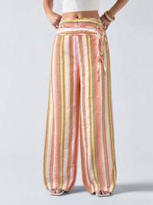 LYSMO Women's Striped Tie-Up Patchwork Long Pants,Cargo Pants