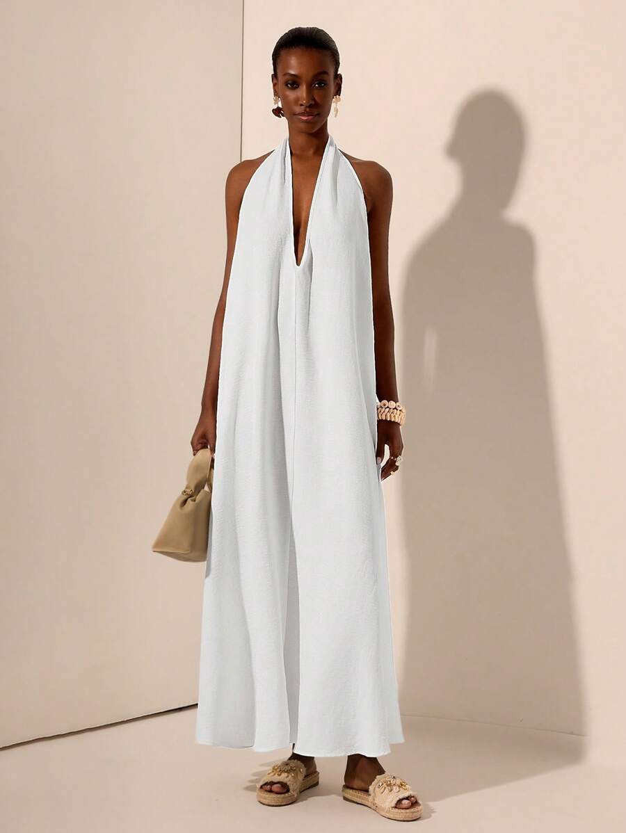 Zivah Women's White Textured Deep V-Neck Backless Dress,Spring/Summer Tropical Vacation Holiday Casual Elegant Boho Clothes For Beach,Cruise,Wedding Party