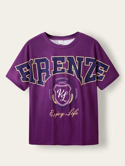 SHEIN Explorewe Áo thun tay ngắn cổ tròn in chữ đơn giản cho bé trai tuổi teen