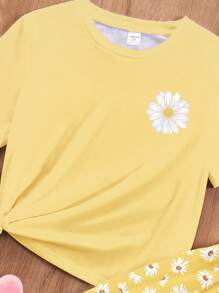 SHEIN Leap Crew 青少年女孩休闲简约圆领短袖上衣和裤子家居服套装，适合夏季 - 彩色 - 查看 4