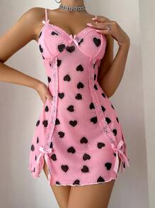 Eraneu Heart Print High Slit Bow Decor Women's Slip Dress Bow Tie - Baby Pink - View 4