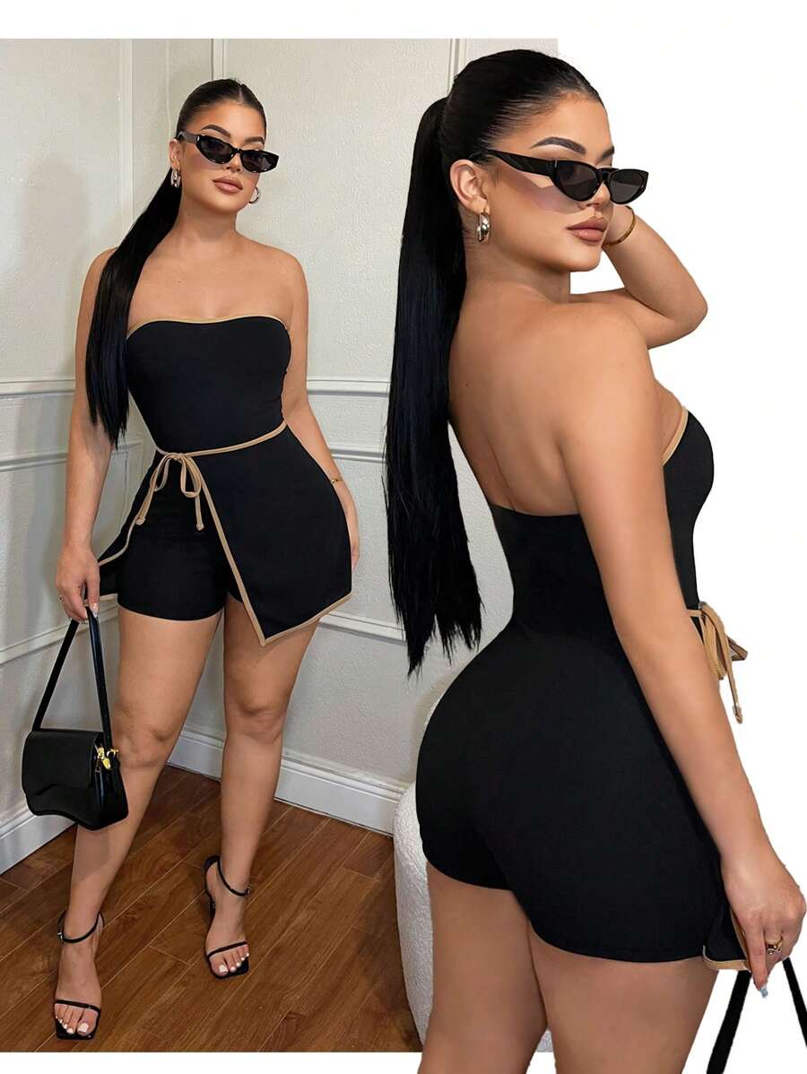 SHEIN SXY 女式夏季商务休闲撞色边无袖连体裤 - 黑色 - 查看 1