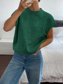 SHEIN Frenchy Blusa casual de punto de manga corta con cuello redondo y estampado floral para mujer - Verde Oscuro - Ver 4