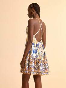 CAJUNI Sommerliches Lässig Kleid mit V-Ausschnitt und Spaghettiträgern, kurzes Mini-Kleid mit Muster für Frauen, Sommer