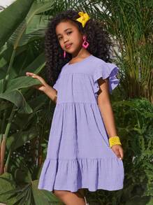 SHEIN Leap Crew SLAYR Tween Girl Tween Girls Holiday Ruffle Cap Sleeve Smock Sweet Dress, Casual - Mauve Purple - View 4