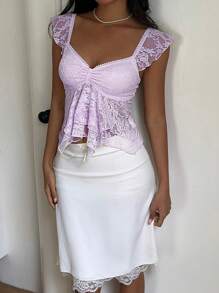 Muchica Elegante maglietta casual estiva da donna con scollo a cuore, maniche a palloncino, ruffle e pizzo viola