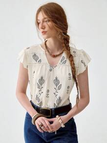 Florisole 波西米亚风盖袖V领蕾丝拼布休闲衬衫 - 杏色 - 查看 6