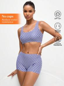Swim Nautrix 女士两件套沙滩装 - 棋盘格印花高弹力分体泳衣，运动和户外活动泳装 - 藍白色 - 查看 8