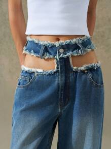 LYSMO Women's High Waisted Open-Hole Design Pocket Straight Leg Jeans, Going Out - Blue - View 5