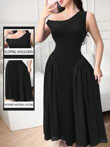 Modelyn 1 pieza Vestido formal de mujer elegante de color negro sólido con cuello asimétrico