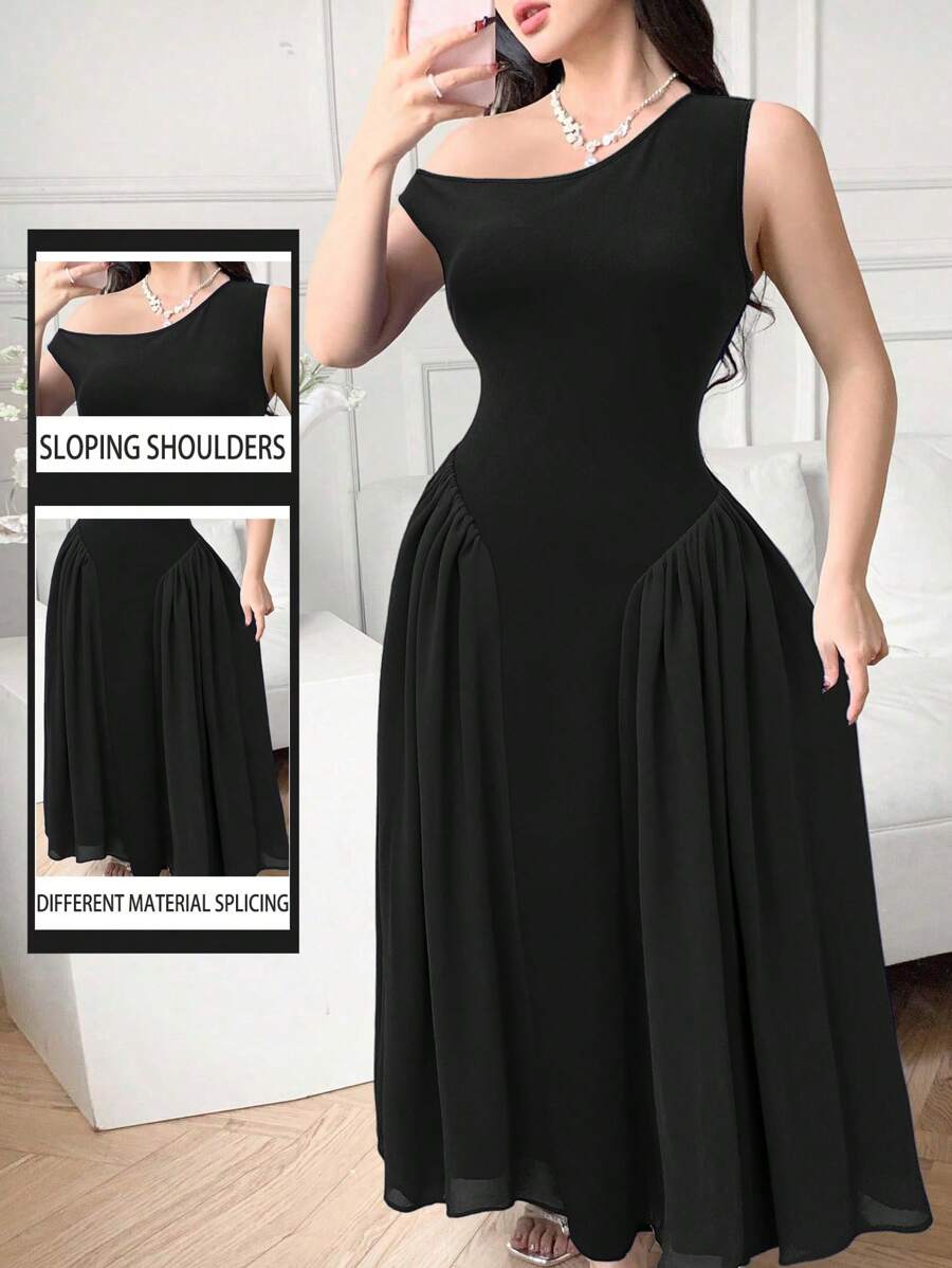 Modelyn 1 pieza Vestido formal de mujer elegante de color negro sólido con cuello asimétrico