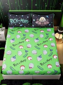 Rick and Morty X SHEIN 1pc Cartoon Cucumber Pattern Green Fitted Fitted Sheet, Soft Breathable And Warm Material, Suitable For Different Bed Sizes