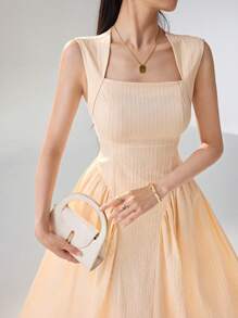 Heiryn Women's Elegant Swan Neck Cinched Waist Solid Color Summer Dress - Yellow - View 4