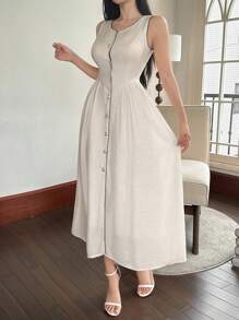 DAZY French Elegant Sleeveless Midi Dress, Retro & Chic Style, White, Summer,Back To School Clothes - Beige - View 3
