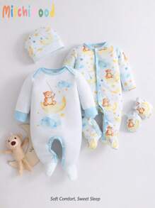 4pcs Baby Boy Pajamas Set With Moon & Bear Pattern - Footie, Hat, Gloves - Baby Blue - View 1